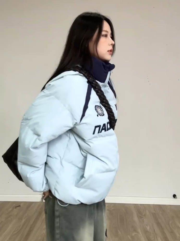 Lazy wind stand-up collar blue contrasting color splicing cotton clothes women's winter grab new loose and versatile student cotton-padded clothes bre