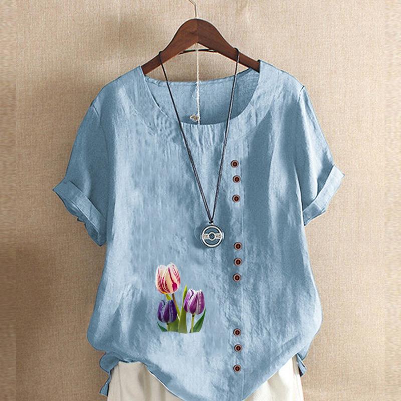 Women's Fashion Round Neck Short Sleeve T-shirt Casual Cotton Linen Graphic Shirt Tulips Prined Summer Blouse Tops