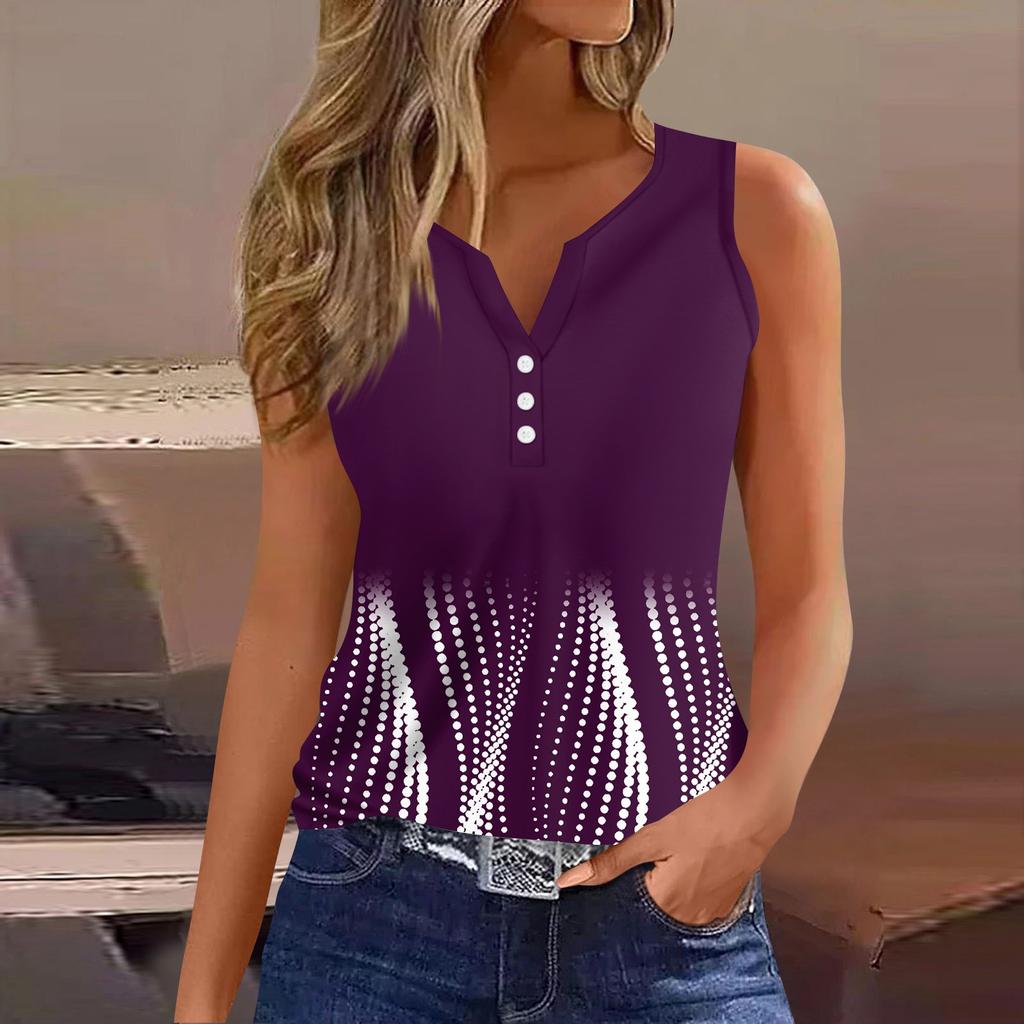 Жен. Футболка Футболка С принтом Пуговицы Без рукавов Повседневные Выходные Мода Классический V-образный вырез Обычный Верх