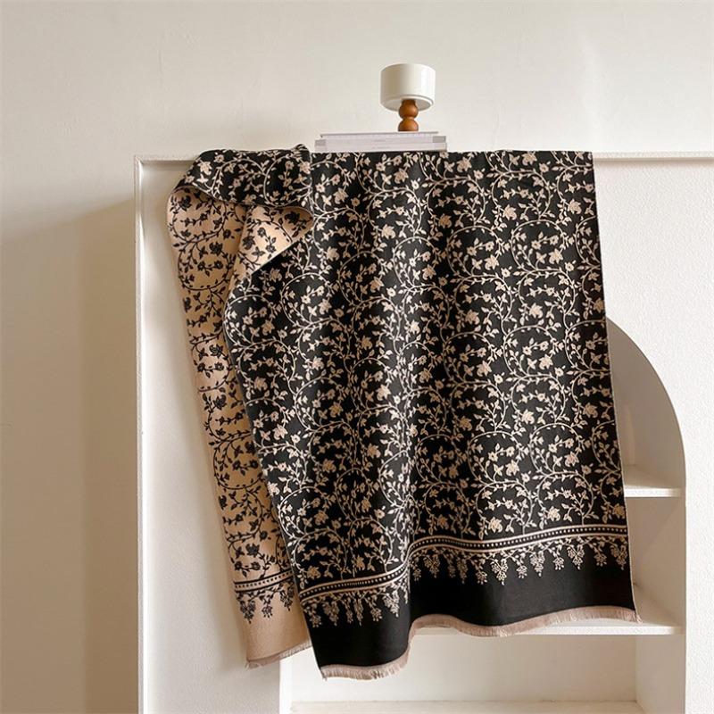 Autumn and Winter Versatile Elegant Small Floral Imitation Cashmere Scarf Women's High-end Warm Scarf Shawl Car Blanket Women