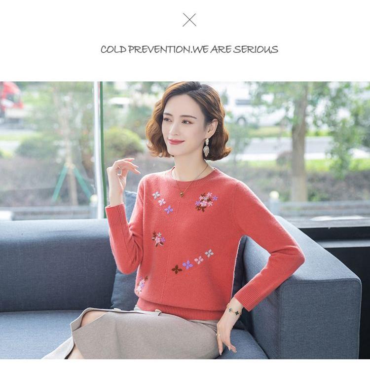 Весна Осень Женский свитер с круглым вырезом Вышитый свободный трикотажный свитер больших размеров Трикотажный топ с эластичным вязанным узором