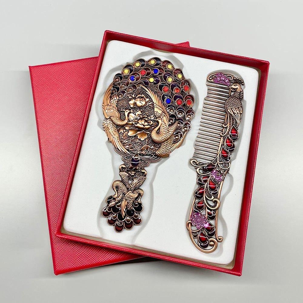 Peacock Open Screen Retro Small Mirror with Metal Handle Handheld Cosmetic Comb