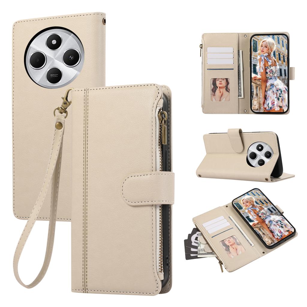 Leather Phone Cover For Xiaomi Redmi 14C 4G/A3 Pro 4G/A4 5G/14R 5G/Poco C75 4G/Poco M7 5G Multi Card Slots Zipper with Wrist Strap