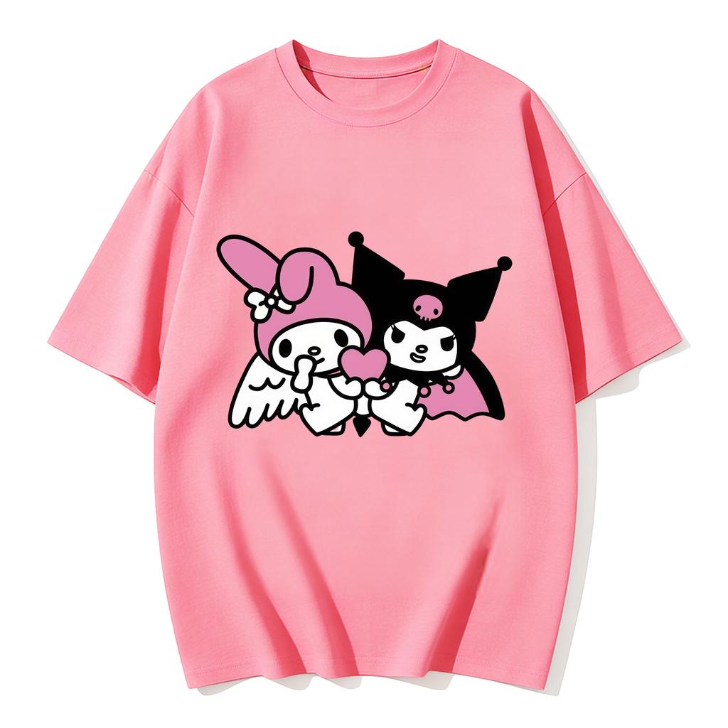 2026 New My Melody Kuromi Angel Devil Heart Cartoon Print Tshirt Family Matching Outfits Casual Short Sleeve Tee Women Unisexs