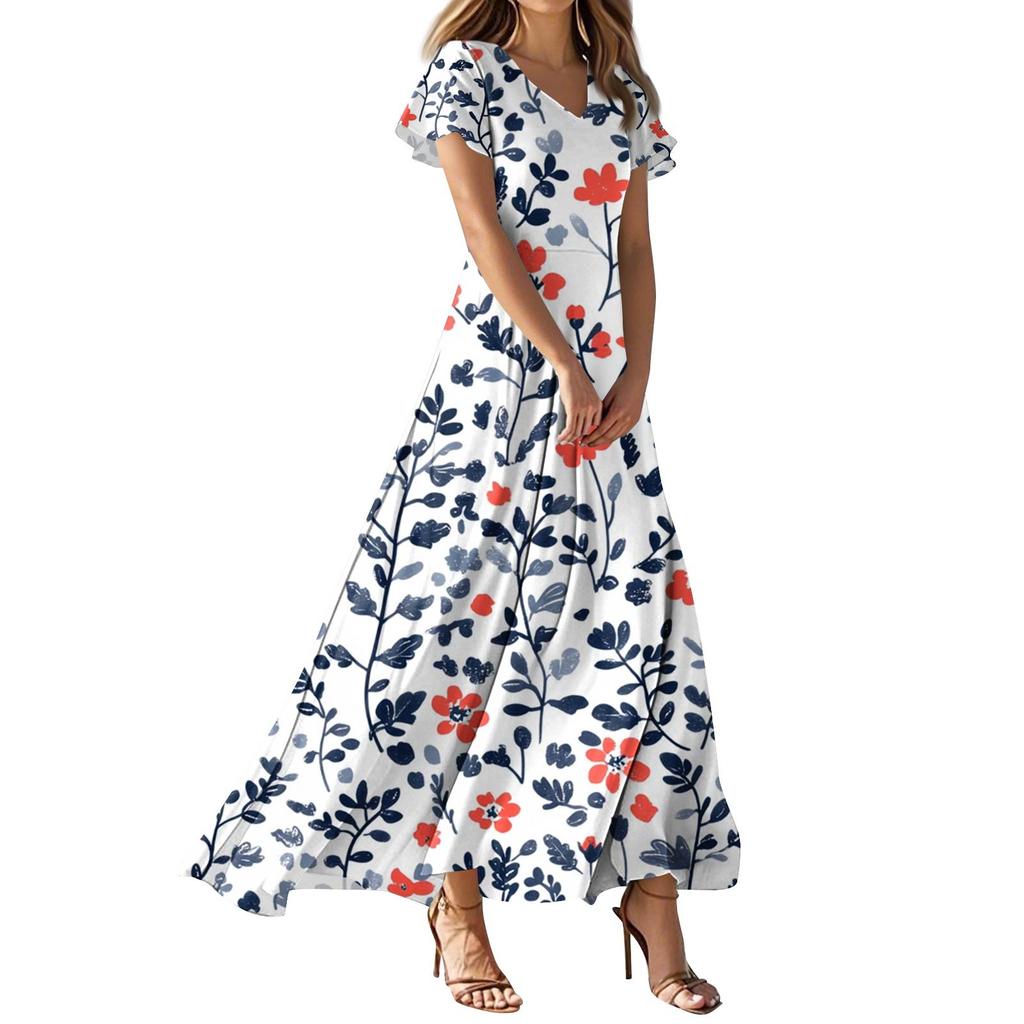 Женские летние повседневные модные платья с принтом и короткими рукавами и V-образным вырезом