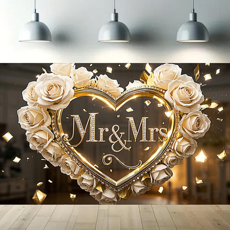 1 шт. Свадебный фон Mr&Mrs с белыми розами и золотыми сердцами, настенный декор для фотосъемки, вечеринки, плаката на день рождения, годовщину для улицы и помещения
