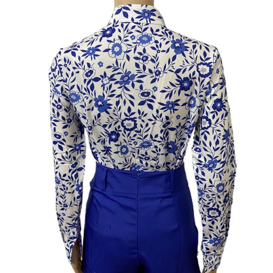 Элегантная офисная блузка для женщин, с воротником-стойкой, однобортная, с цветочным принтом, длинным рукавом, на пуговицах, для весны/лета