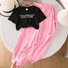 Girls Clothing Girl Suit Summer New Fashion Letters Short-sleeved Top + Cute Bow Wide-legged Trousers 2pcs Girl Trousers