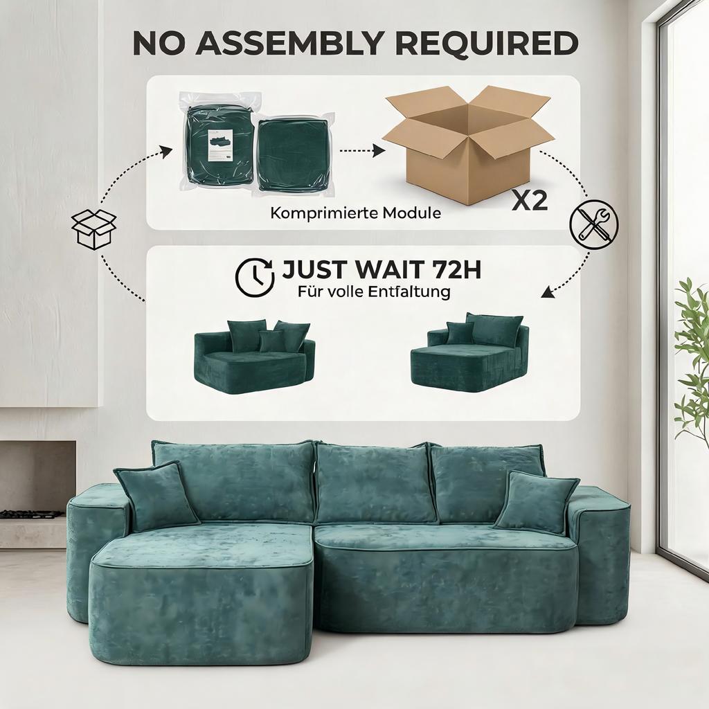 L-Shaped Corner Sofa "Cloud Couch", 262cm with Chaise Longue, XXL Deep Seat, No Assembly, Modular Sofa in Green Chenille for Living Room
