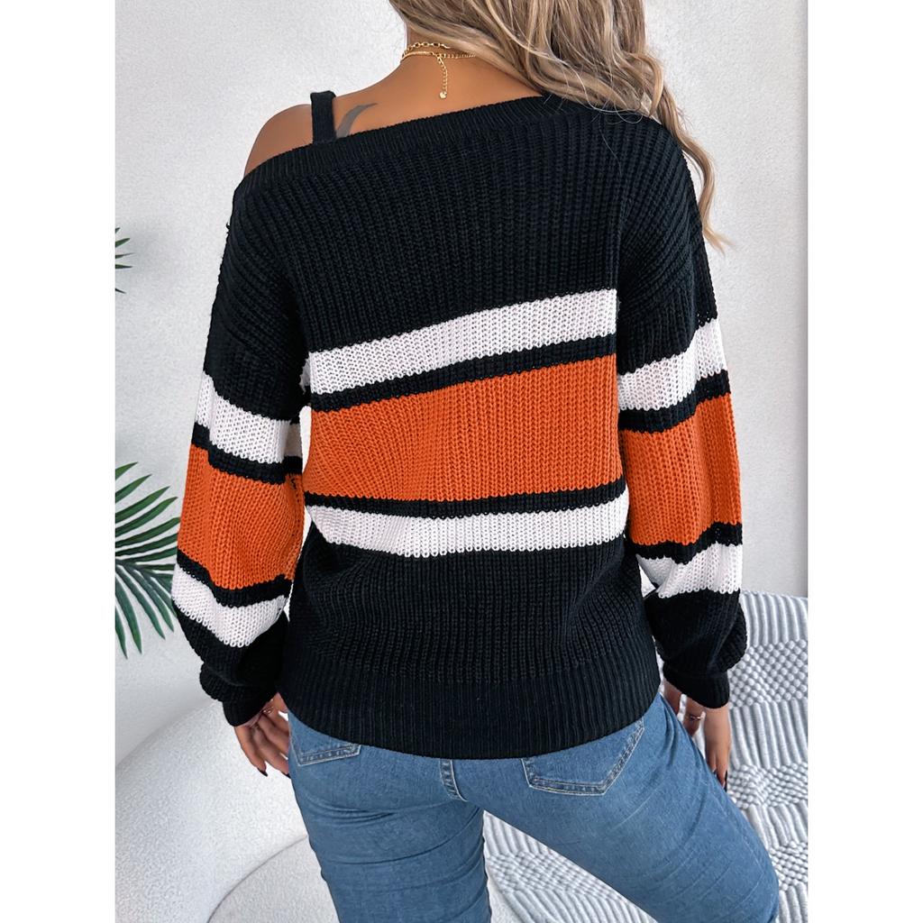 HNXC Autumn and Winter Casual Color-blocking Striped Lantern Sleeve Metal Buckle Off-the-shoulder Pullover Sweater for Women
