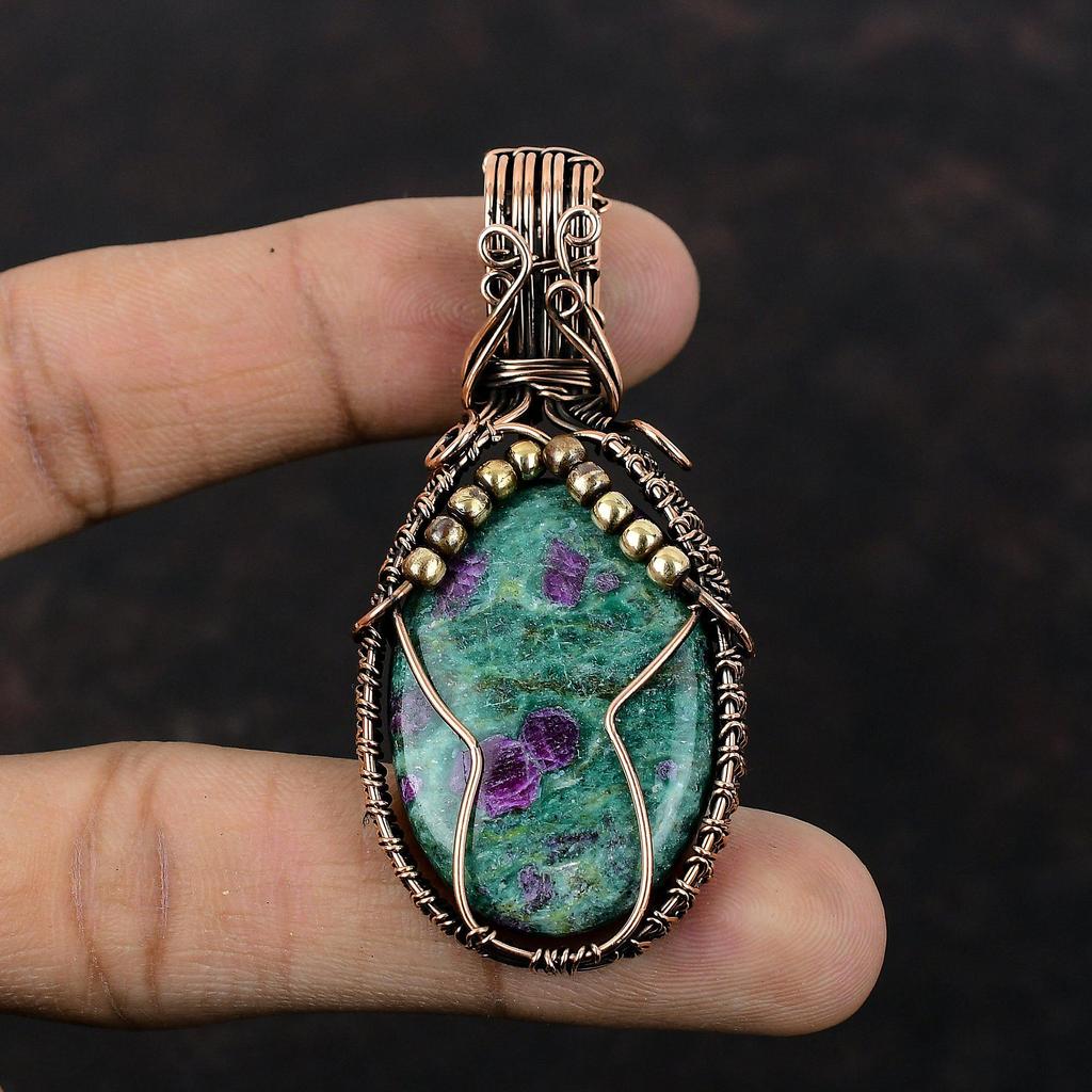 Подвеска из рубина и фуксита, подвеска из медной проволоки, изящное ювелирное изделие ручной работы, изумительная подвеска из медной проволоки, ювелирное изделие из драгоценного камня, подвеска для подарка