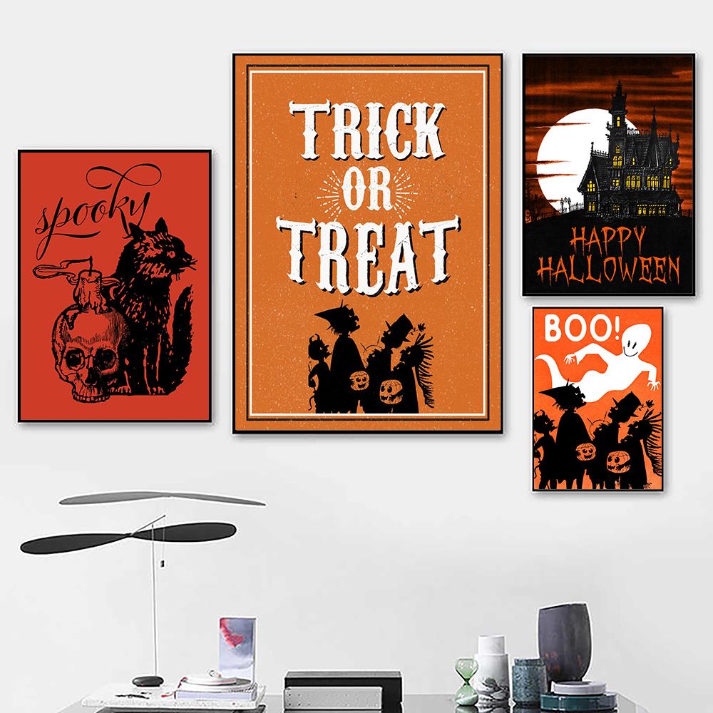 Pumpkin Trick Spooky Ghost Orange Poster and Print Vintage Halloween Scary House Wall Art Pictures Kitchen Kids Room Decor