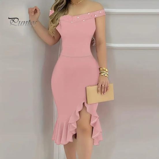 Evening Dress Off Shoulder Sheath Sleeveless Irregular Ruffle Hem Slim Fit Solid Color Faux Pearl Decor Midi Dress for Party Prom Wedding