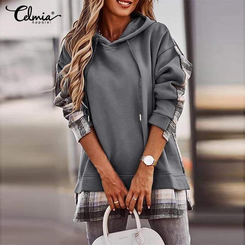 Celmia Autumn Women Plaid Long Sleeved Patchwork Casual Loose Hoodies Sweatshirts