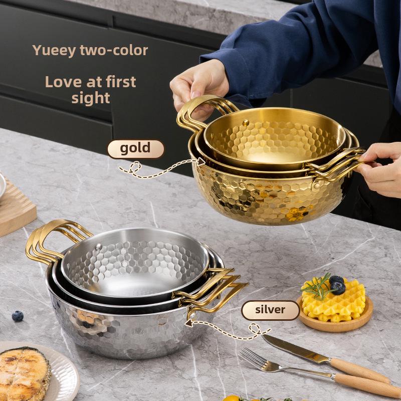 Золотая корейская кастрюля для лапши быстрого приготовления с молотковым узором из нержавеющей стали - многоцелевая кастрюля для лапши быстрого приготовления и супа с крышкой