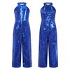 Kids Girls Halter Shiny Sequins Jazz Latin Dance Jumpsuit Sleeveless High Waist Pageant Romper Long Pants