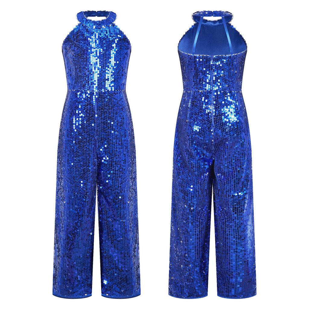 Kids Girls Halter Shiny Sequins Jazz Latin Dance Jumpsuit Sleeveless High Waist Pageant Romper Long Pants