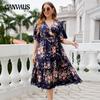 Summer Women's Dress V-Neck Navy Blue Printed Large Size Dress