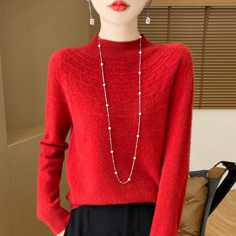 2025 Autumn/Winter Women's Half-High Collar Hollow Design Pure Wool Seamless Sweater Pullover