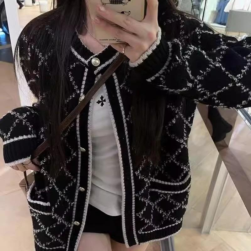 New Long Sleeve Knitted Cardigan Argyle Sweater Fashion Autumn Winter Women Loose Jackets Plaid Office Coat Pockets Casual Elegant Clothes