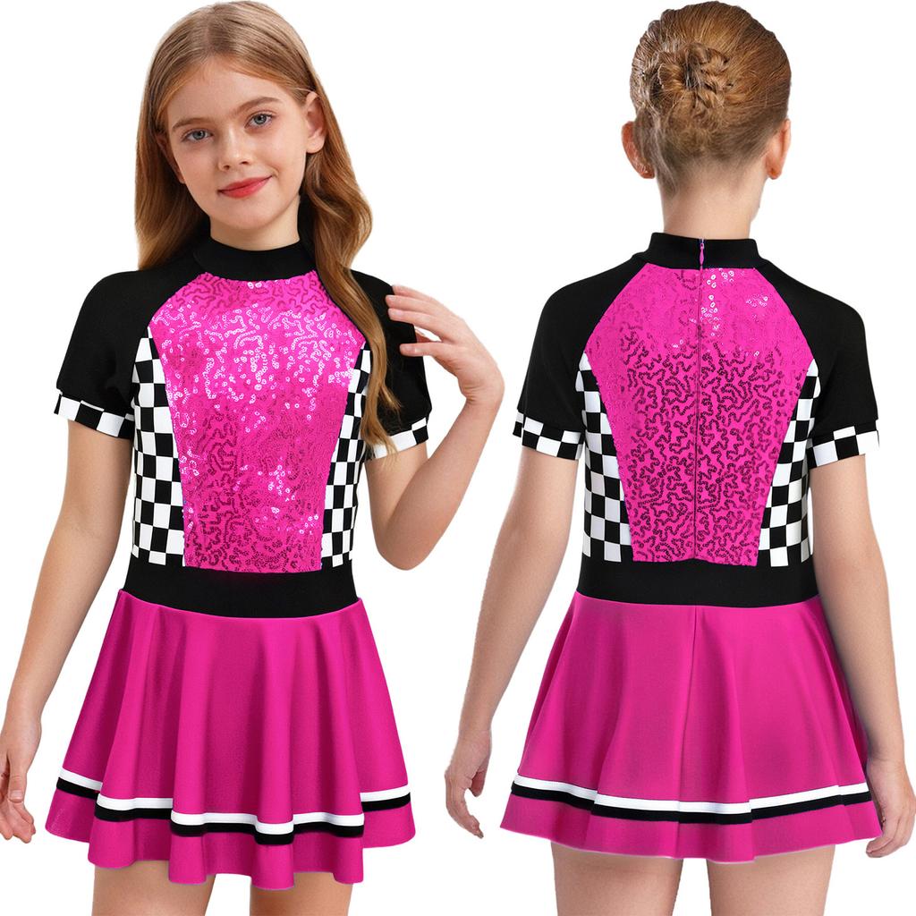 Kids Halloween Racing Costume Mock Neck Short Sleeve Back Zipper Checkerboard Sequins Dress Built-in Underwear for Theme Party