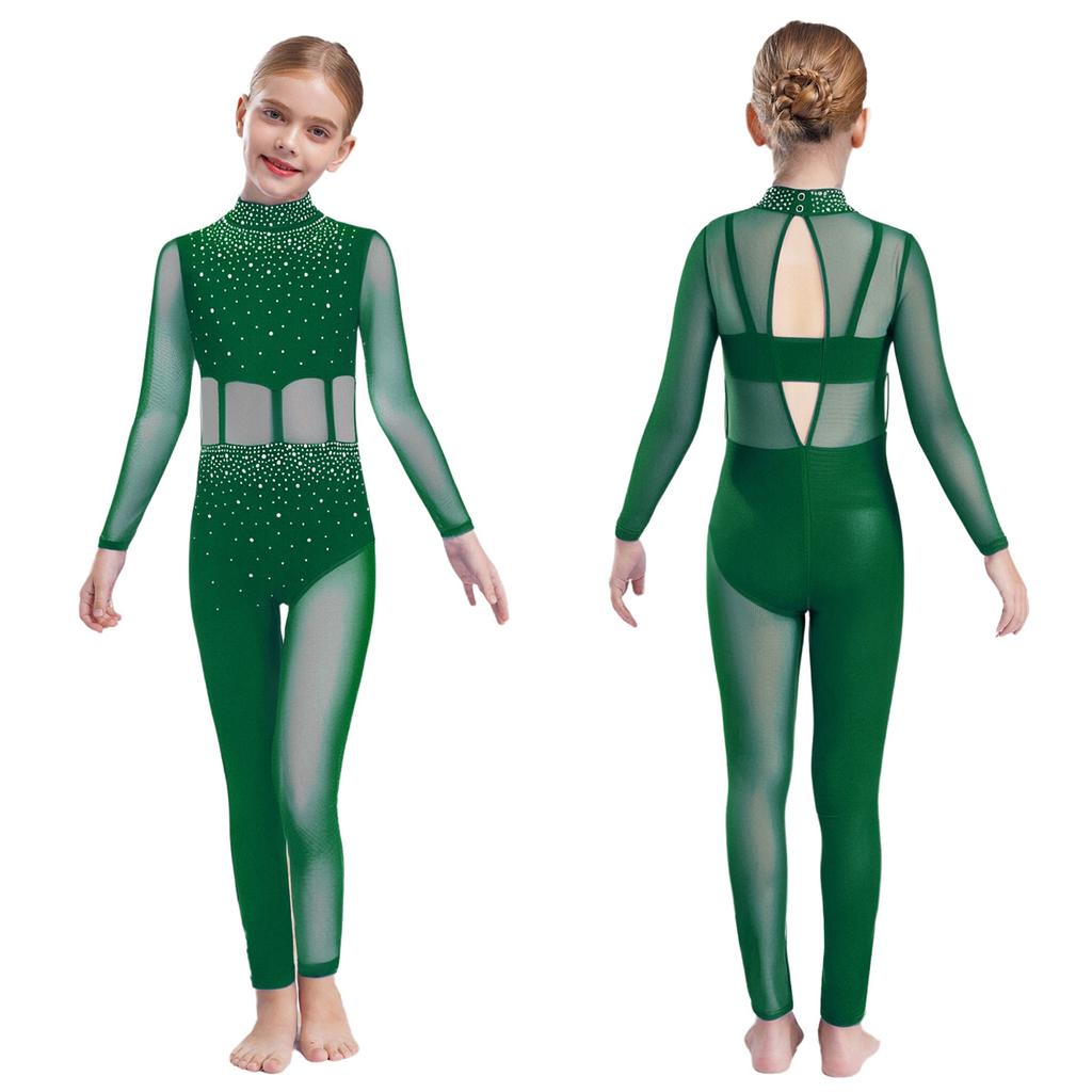 Girls Dance Performance Jumpsuit Full Body Leotard Long Sleeve Mock Neck Mesh Patchwork Keyhole Back Bodysuit