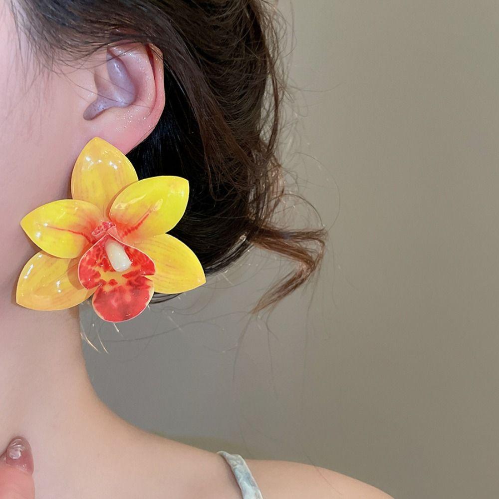 Silver Needle Flower Stud Earrings Epoxy Resin Vacation Style Earrings Women
