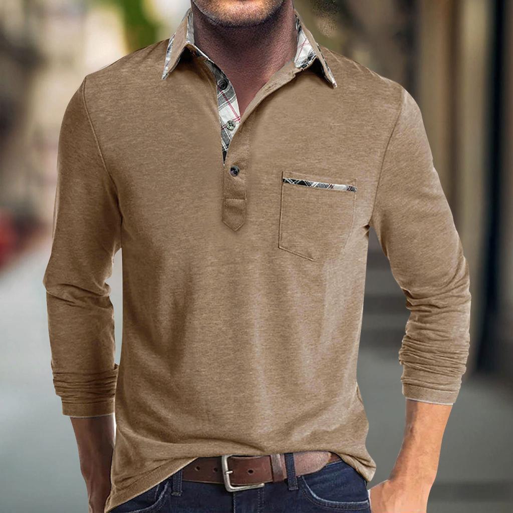 Мужская весенняя однотонная футболка с отворотом, 3 пуговицами, открытой планкой, длинными рукавами
