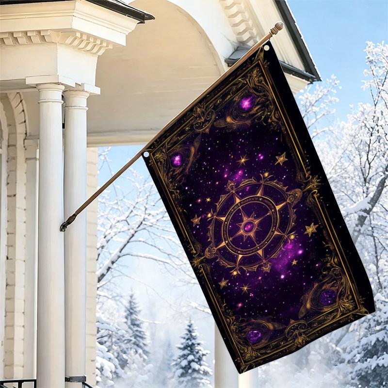 2D Flat, 1pc 2D Flat Decorative Flag, Purple Starry Sky Compass Pattern Flag, Mysterious Astrology Themed Wall Hanging, Vintage Golden-Edged Constella