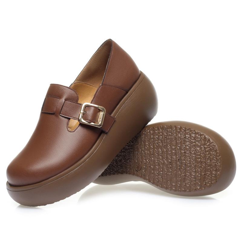 Spring Autumn New Fashion Casual Popular High Soft Bottom Leather Women's Round Toe Wedge Thick Sole Anti-slip Single Shoes