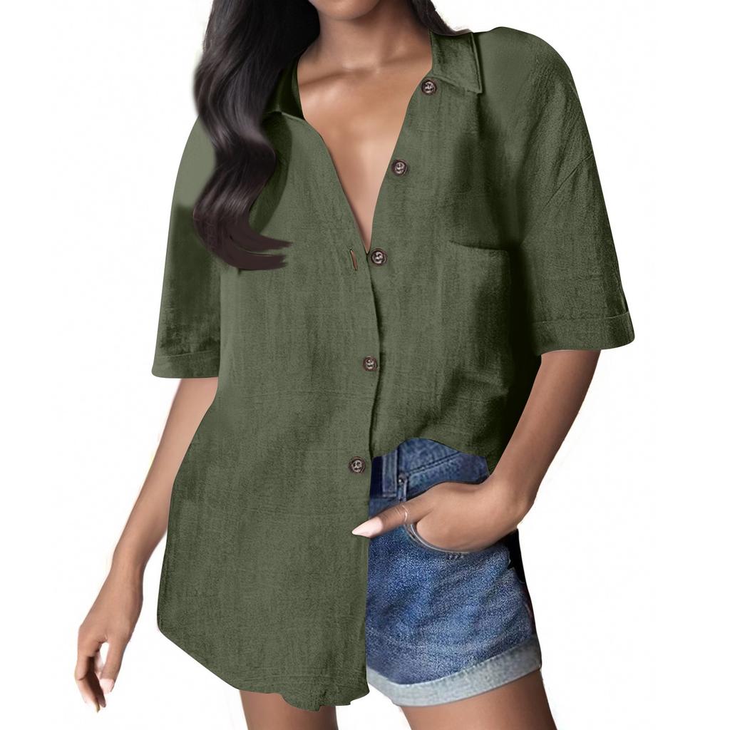 Женская однотонная рубашка свободного покроя из хлопка и льна с коротким рукавом и застежкой на пуговицы, с карманом
