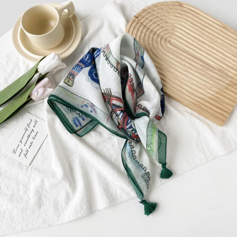 Small Fresh And Sweet Silk Scarf Square Scarf High-End Cute Style With Cotton And Linen Small Square Scarf Women'S Scarf Fringed Pendant