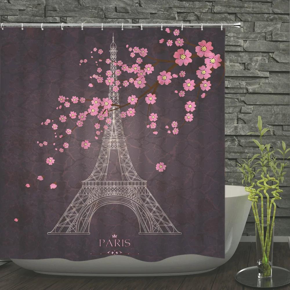 Eiffel Tower Paris Scenery Shower Curtain Vintage Scenery Cherry Blossom Butterfly Polyester Fabric Bath Curtains Bathroom Decor