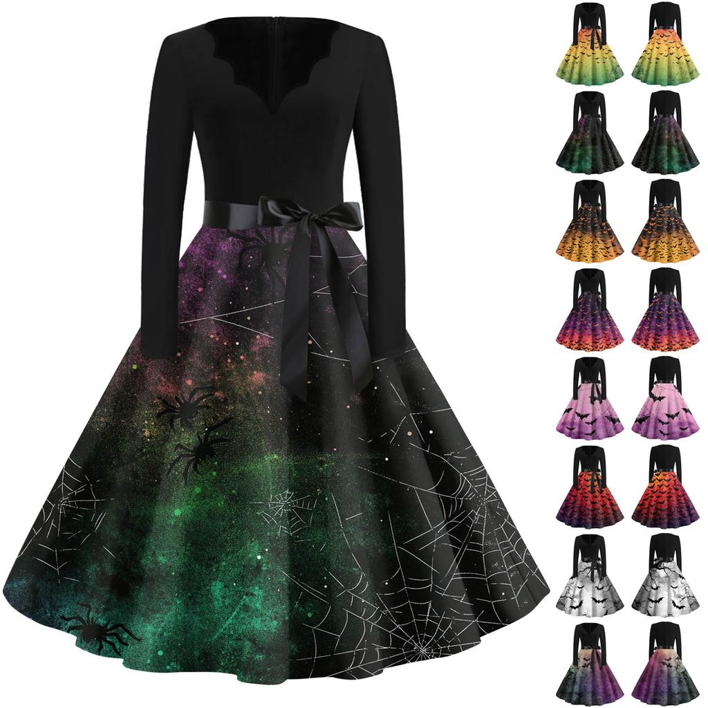 Women's Fashion V-Neck Casual Slim Fit Halloween Printed Long Sleeve Dress