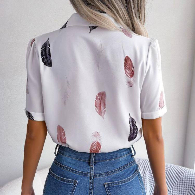 Women's Summer Casual Loose Feather Collar Short Sleeve Blouse Top All Match Shirt Suit
