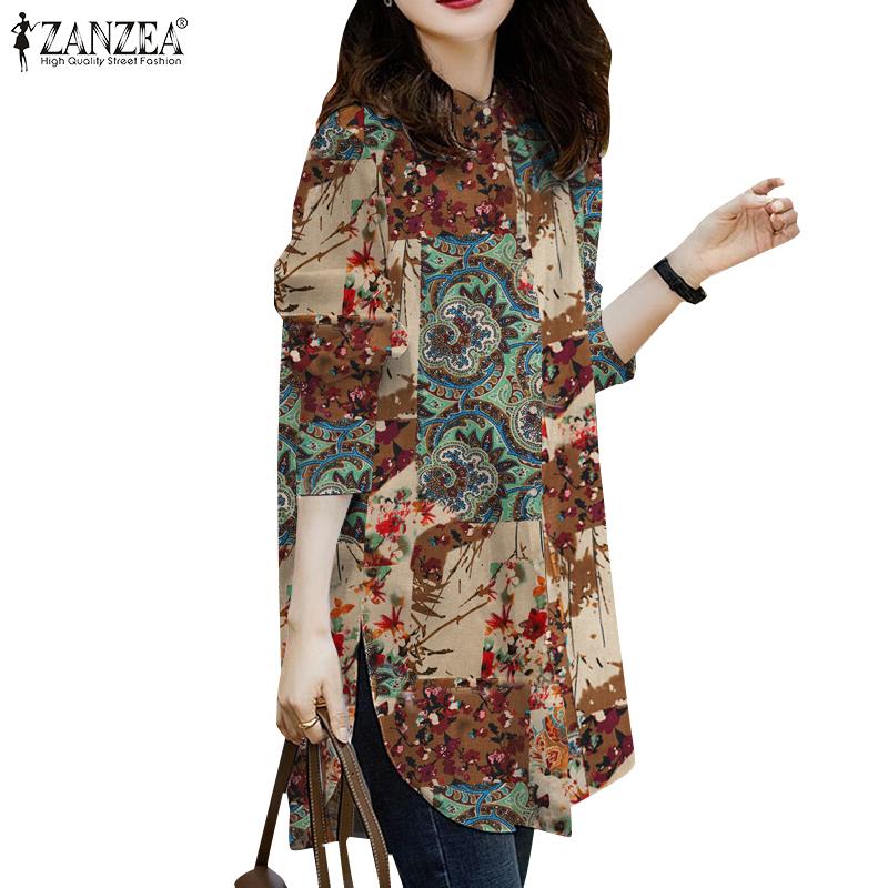 ZANZEA Женская повседневная хлопковая блузка с круглым вырезом и длинным рукавом с цветочным принтом