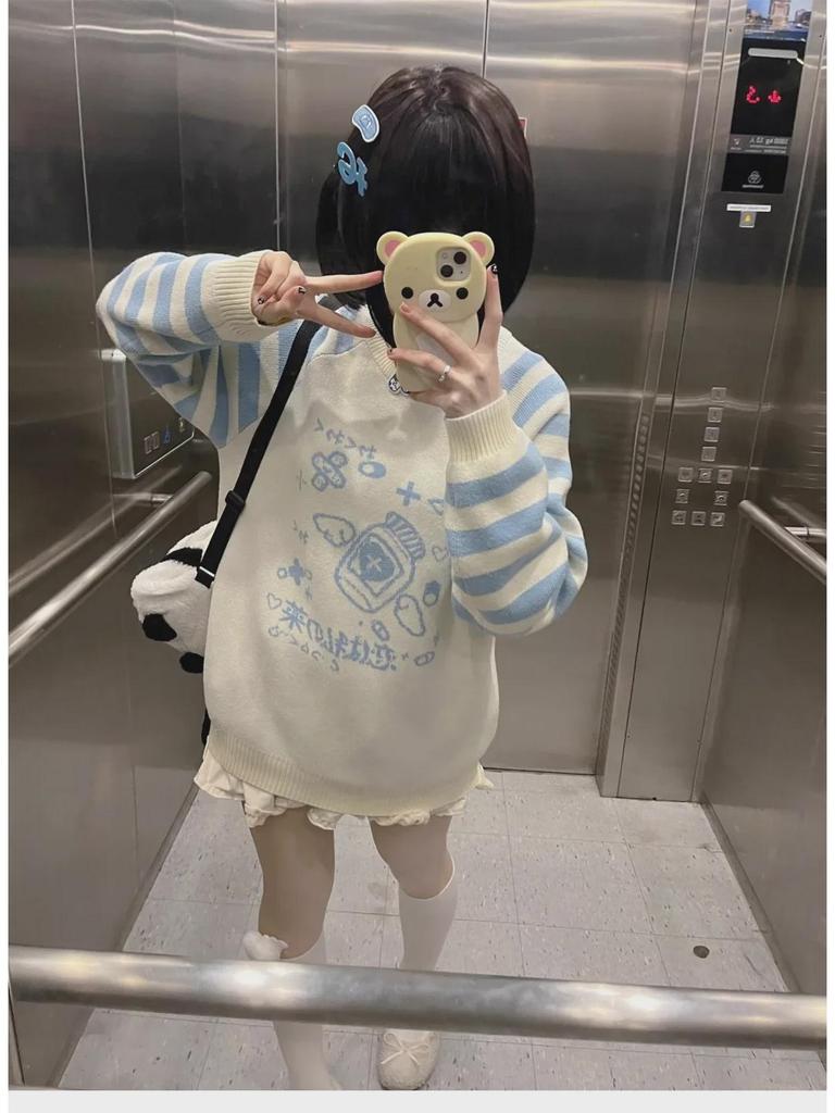 Синий полосатый вязаный свитер Y2K с длинными рукавами - женский осенне-зимний топ с круглым вырезом.