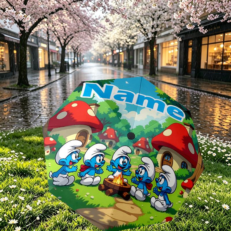 Custom Name Personalized Blue Smurfs Print Umbrella, Auto Open Close, 8‑Rib Sturdy Frame, Commute Camping Hiking Use, Birthday Gift