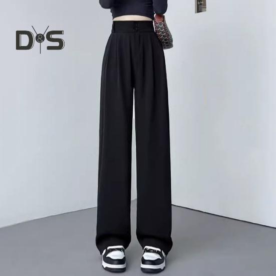 Women Pants High Waist Straight Wide Leg Trousers with Pockets Button Zipper Fly Solid Color Loose Fit Suit Pants Work Wear