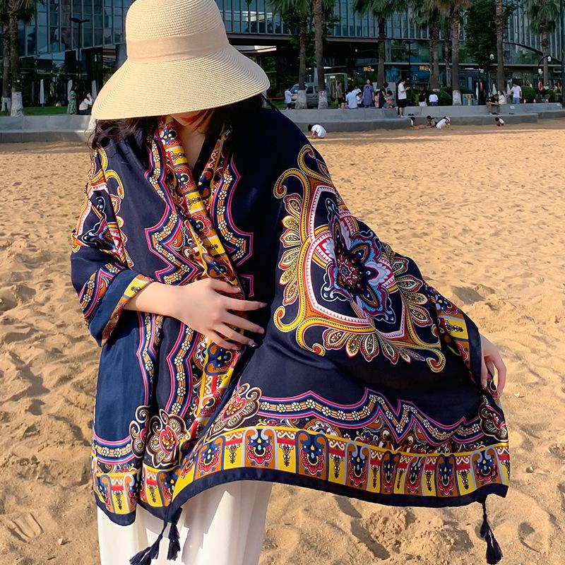 Summer cotton and linen feel scarf travel silk scarf sun protection air conditioner large shawl women's beach towel ethnic style scarf