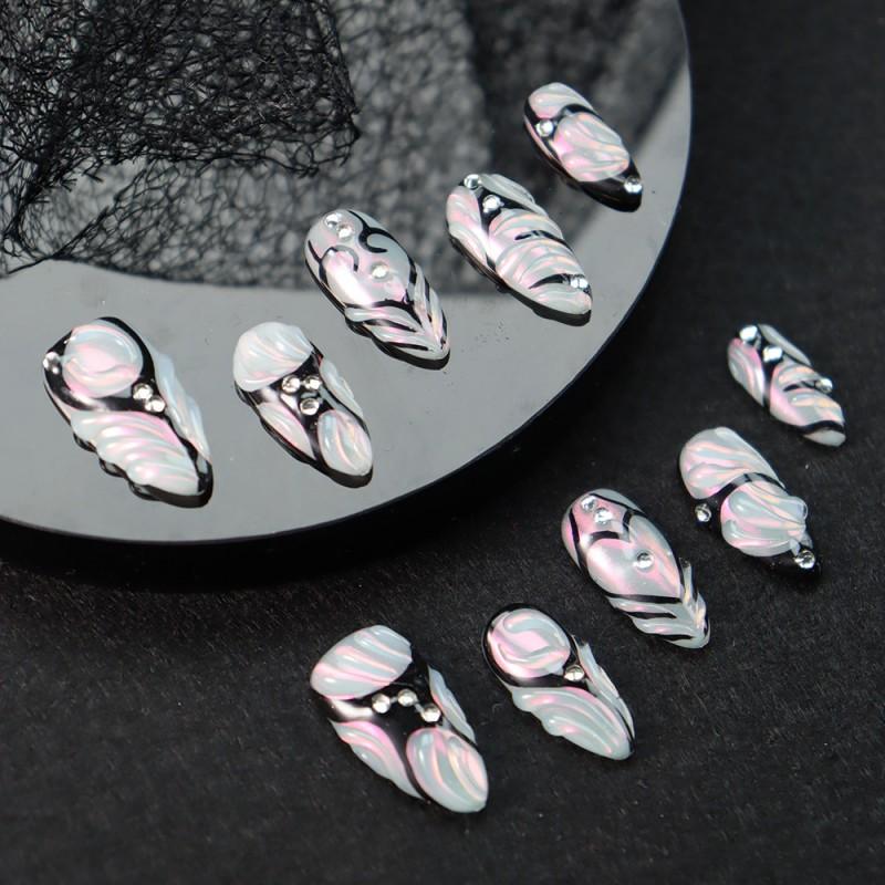 Gothic Style Press-On Nails With Hand-Painted Geometric Lines Black Holographic Effect Almond Shape Women