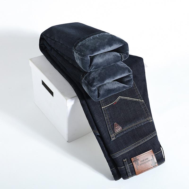 Весенне-осенние джинсы прямые свободные флисовые утепленные теплые деловые эластичные повседневные брюки