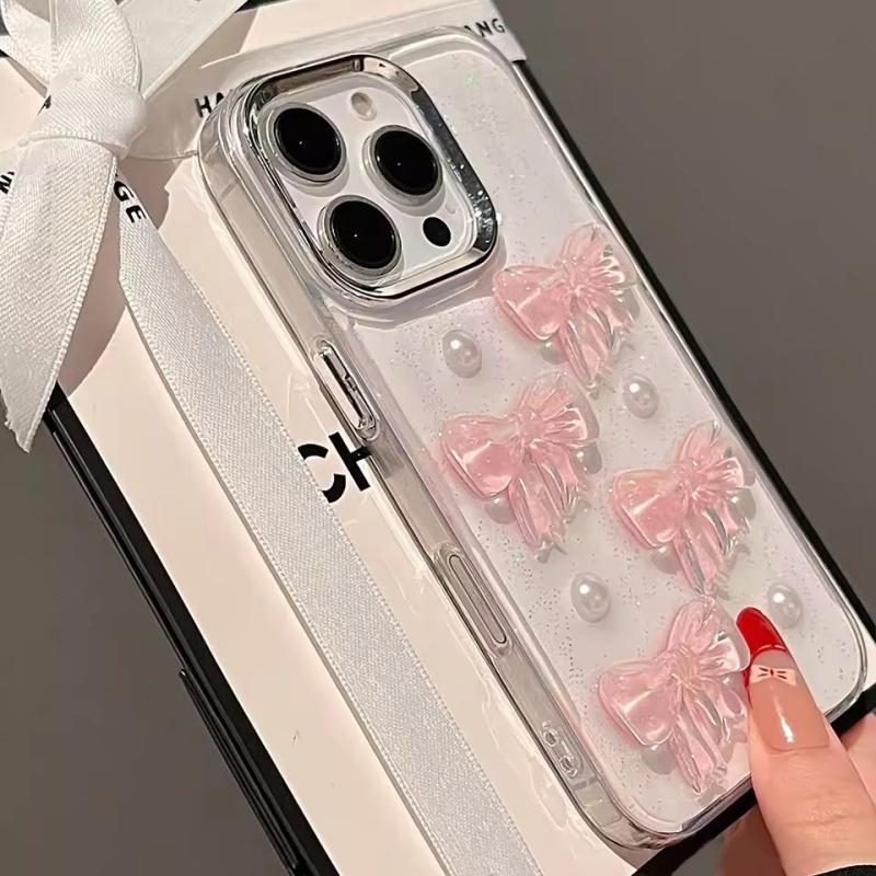 Милый 3D Розовый Бантик Жемчуг Блестки Чехол Для Телефона iPhone 16 15 14 13 12 11 Pro Max Plus Корейская Девушка Эпоксидный Прозрачный Мягкий Задний Чехол