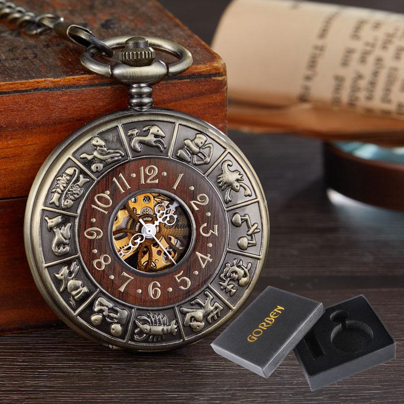 Vintage Wood Circle Carved Mechanical Pocket Watch Men Unique Hollow Steampunk Skeleton Number Dial Mechanical Watches Chain
