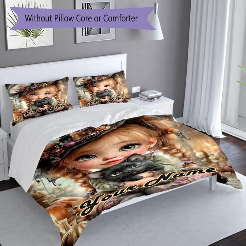 3pcs Custom Name Magical Halloween Whimsy Bedding Set Printed Bedding Set Duvet Cover Closure Includes 1 Duvet Cover & 2 Pillowcases Bedroom Decor