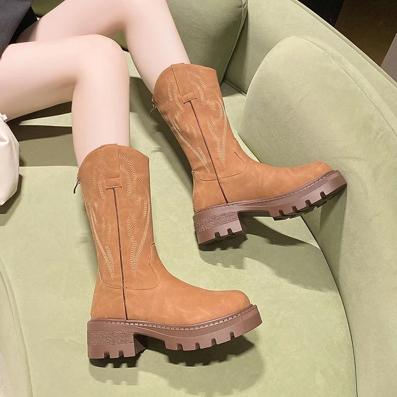 Модные женские туфли на плоской подошве до середины голени, ботинки «Челси», зимняя модная обувь на платформе, дизайнерские трендовые платья, готические ботинки, удобные для ходьбы, Zapatos Mujer