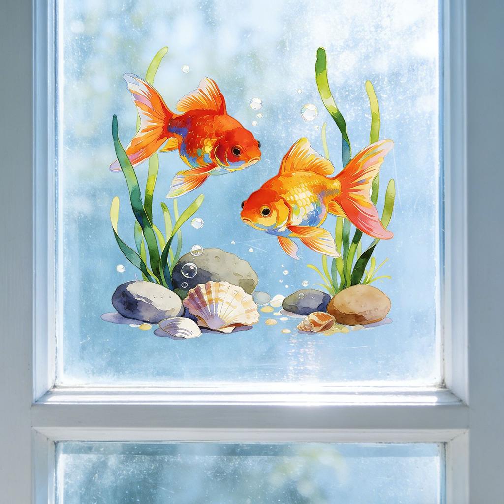 Creative Goldfish Playing Water Static Cling Wall Sticker for Living Room Bedroom Study Home Decor