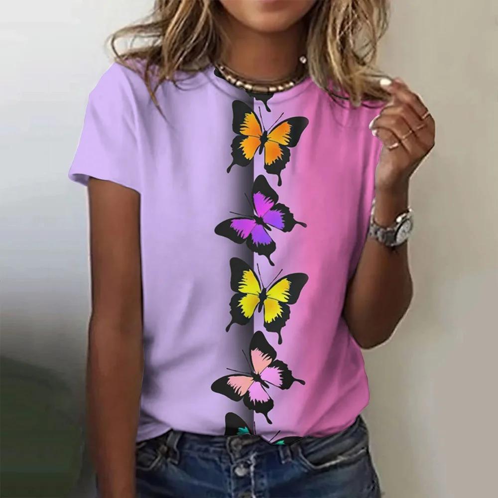Летняя модная женская футболка с круглым вырезом и принтом в виде бабочки, футболка с принтом Y2k Harajuku, ретро-топ, футболка, свободная одежда