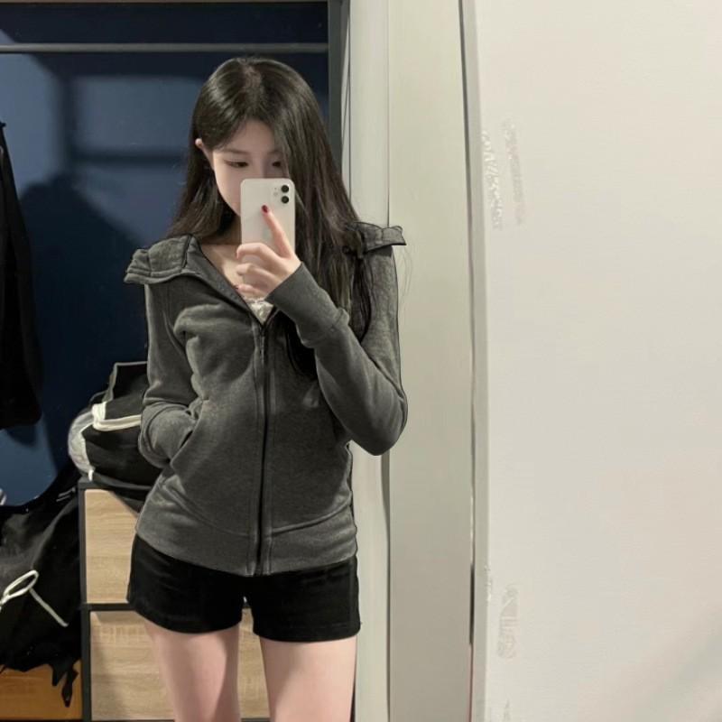Womens Slim Fit Hooded Zip-Up Sweatshirt Korean Style Casual Jacket Cotton Blend