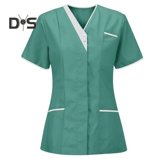 Nurse Uniform Scrubs Tops Women V-neck Short Sleeve Pockets Overalls Uniforms Patchwork Color Nursing Working Tops Workwear